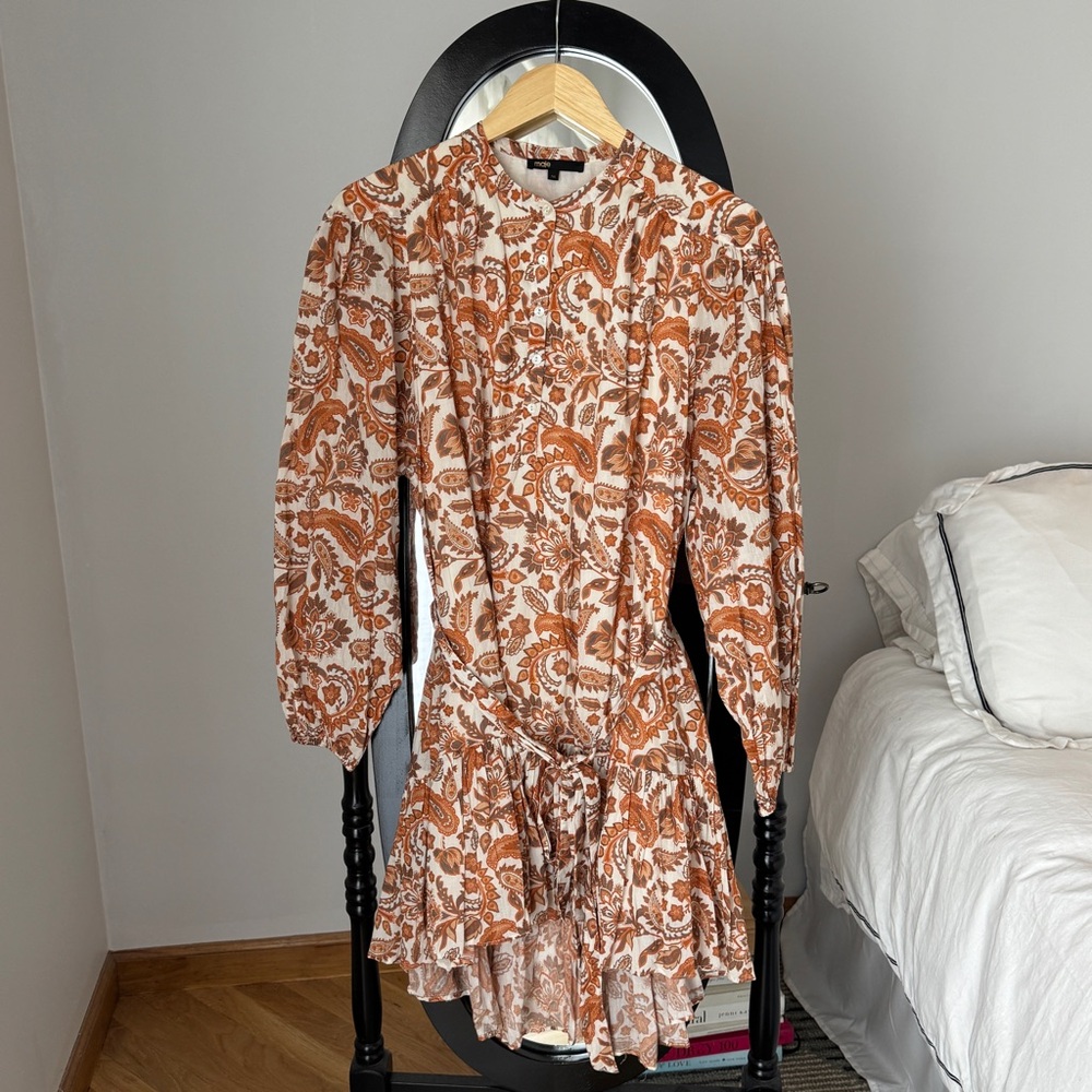 Maje Orange and Cream Long Sleeve Dress